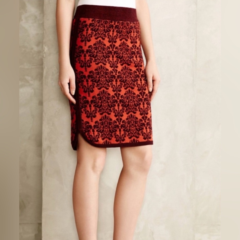 Moth by Anthropologie Orange Red Jacquard Knit Pencil Skirt Luxury Artistry Sz M